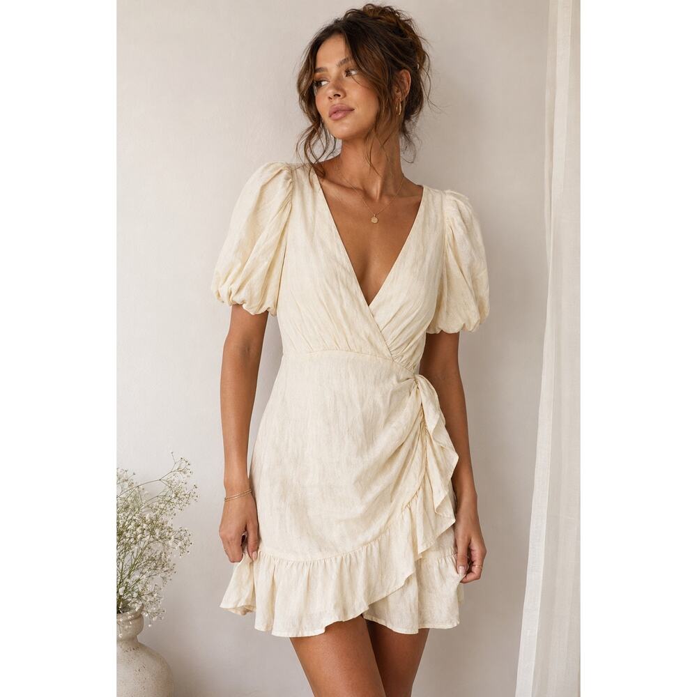Bardot Cream Puff Sleeve Linen Cottagecore Mini Dress Size 8